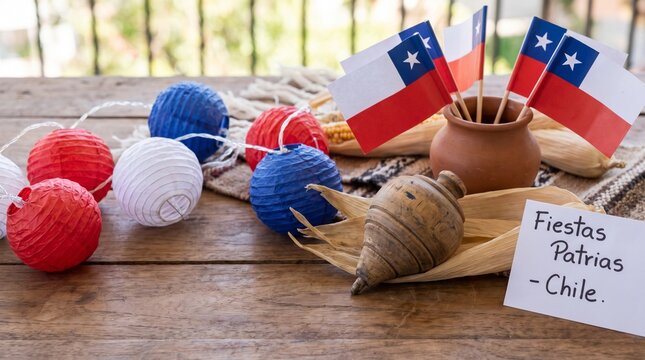 Chilean Independence Day Decorations with Flags and Wooden Spinning Top on Table