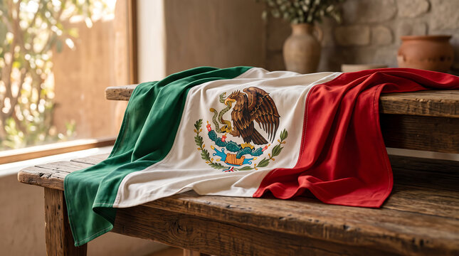 Mexican flag lies draped on a rustic wooden table in a warm interior.