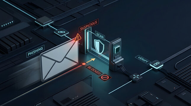 Email security, phishing and cybersecurity protection with digital scanning, firewall and threat detection. Online safety, internet filter and suspicious mail with server scan for web defense system