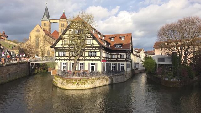 Esslingen am Neckar, Germany - view of half-timbered house on the island on Neckar river