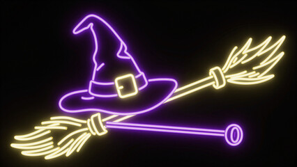 Fototapeta premium Neon witch hat with crossed magic brooms glowing sign for Halloween night party background