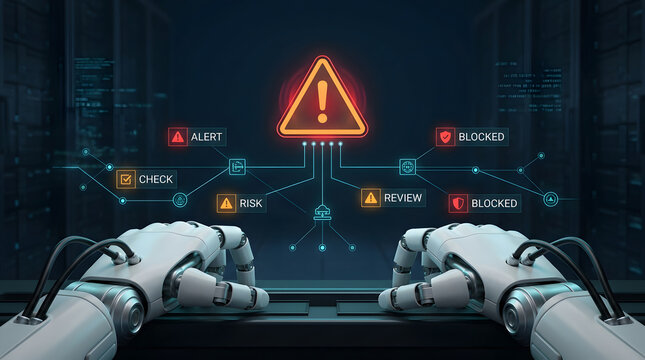 Network security, robotic hands and server alert with warning icon, risk management and data protection. Artificial intelligence, system hack and cybersecurity with tech firewall, safety and code