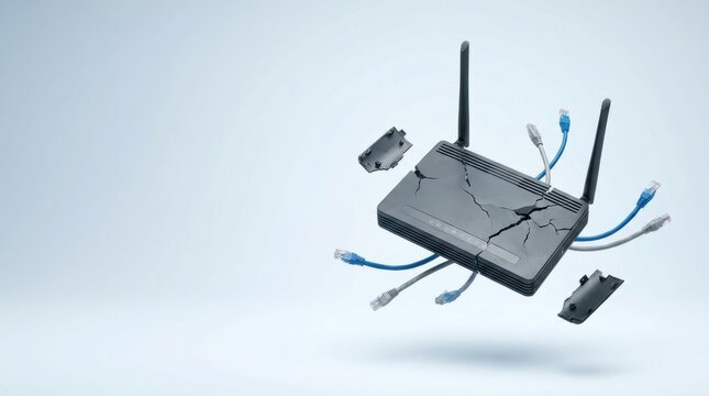 A broken black wireless router with cables is levitating and shattered wifi router
