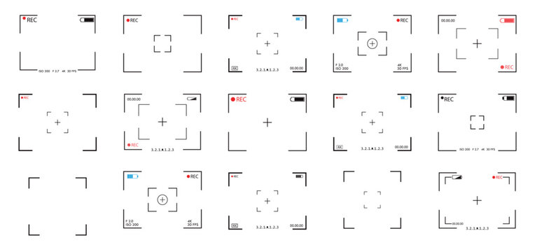 Camera Viewfinder HUD Overlays Set With Recording Indicators, Focus Frames and On Screen Display Elements.