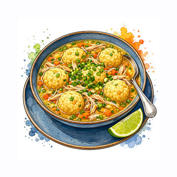Watercolor illustration of Paraguayan vori-vori chicken soup with cornmeal cheese dumplings, shredded chicken, and lime, generative AI