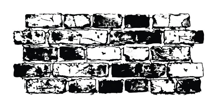 Monochrome grunge brick wall section texture background element with short section of distressed black and white brick wall pattern rough surface masonry pattern abstract design urban backdrop