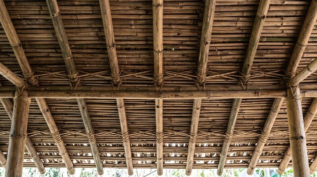 Traditional bamboo roof structure with rope binding