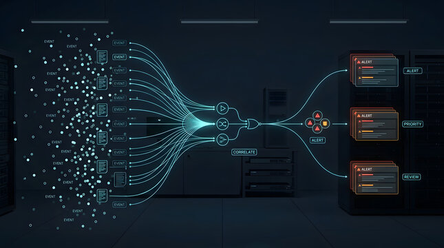 Cybersecurity data monitoring, network analysis and log correlation in server room. Digital information flow, software management and alert system for protection, it security and risk detection.