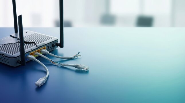 A broken wireless router with damaged network cables lies on a shiny blue surface