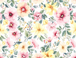 Fototapeta premium Soft Pastel Floral Seamless Pattern With Watercolor Pink Blue Purple Flowers