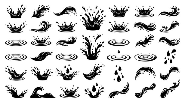 Realistic splashing water liquid wave and droplets black silhouette vector illustration set