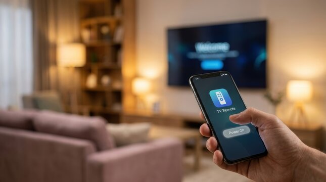 Person holding a smartphone with a TV remote app and pressing the power button wifi router