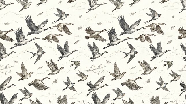 Hand Sketched Migratory Birds in Flight Seamless Repeating Pattern for Textile Fabrics Decorative Packaging and Wallpaper Art swallows pattern birds in flight hand sketched seamless pattern bird