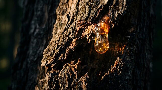 Translucent tree sap oozing from rough dark pine bark catching the sunlight highlighting natural raw materials and forest ecosystem details