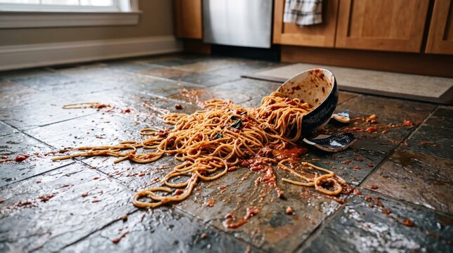 Messy Spilled Spaghetti on Kitchen Floor