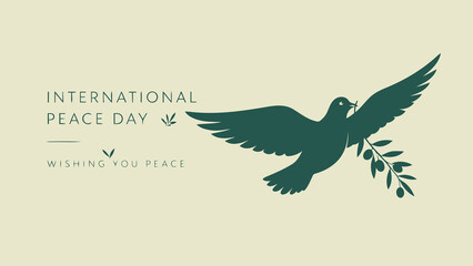 Fototapeta premium Minimalist digital artwork featuring a dark green silhouette of a dove in flight, holding an olive branch. Text reads 