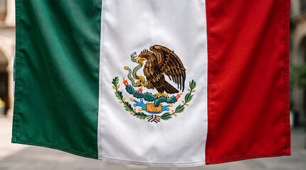 Naklejka premium Mexican flag hangs outdoors displaying national emblem on cloth material.