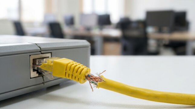 Close up of a damaged yellow Ethernet cable connected to a grey network device in an office setting