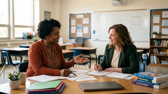 Two female teachers discussing curriculum plans and school strategy together in a bright modern classroom