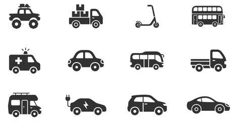 collection of vehicle icons including monster truck delivery truck scooter double decker bus ambulance car minibus pickup camper electric car hatchback and sedan on transparent background © gerik_a