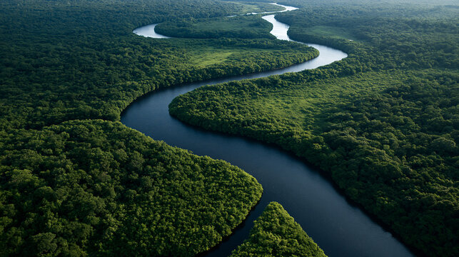 Aerial view of a winding river flowing through a lush green tropical rainforest. Perfect for nature conservation and environmental protection concepts.
