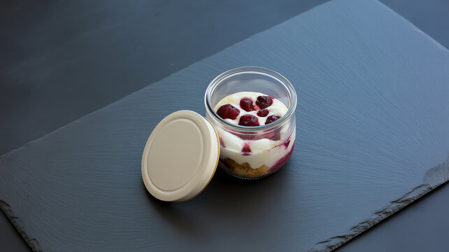 A delicious cherry cheesecake dessert in a glass jar served on a dark slate board