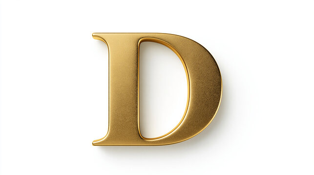A shiny golden letter D rendered in 3D, isolated on white background. Elegant metallic typography for luxury branding and high-end design projects.