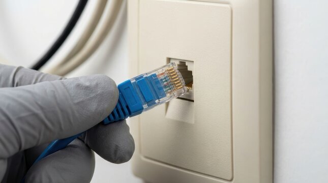 Hand wearing grey glove inserting blue ethernet cable into wall socket wifi router