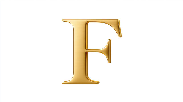 A polished golden letter F isolated on white background with metallic texture. Ideal for luxury branding, elegant typography, and high-end graphic design projects.