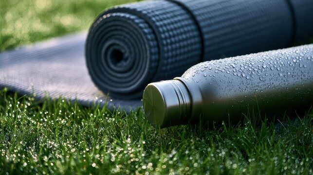 Rolled yoga mat and water bottle on dewy grass outdoor in morning sunlight