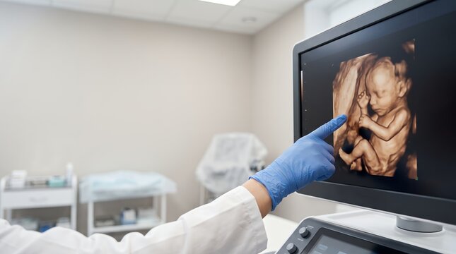 Sonographer pointing at 3D fetus ultrasound scan on medical monitor in clinic