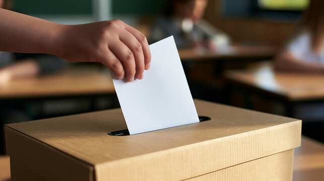 A hand casting a vote by inserting a paper ballot into a cardboard box. This illustrates the democratic process for political election and civic engagement concepts.