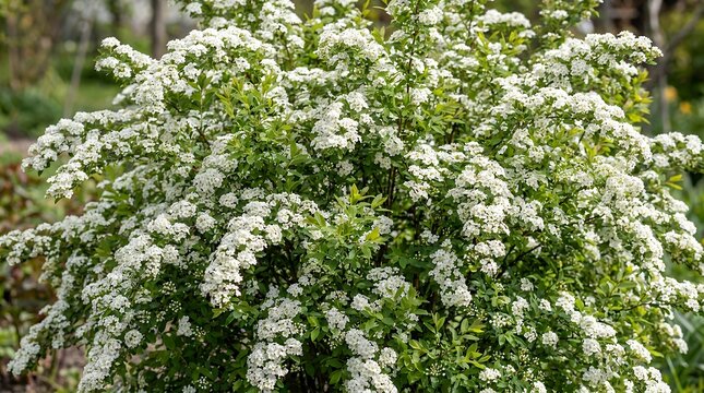 Dense White Flowering Shrub Covered In Spring Blossoms Dense ornamental spirea shrub covered in lush white flower clusters and fresh green foliage during spring bloom season flowering shrub white