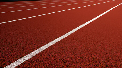 Fototapeta premium A red running track with bright white lane lines stretching into the distance. This represents competitive sports, athletic achievement, and personal fitness goals.