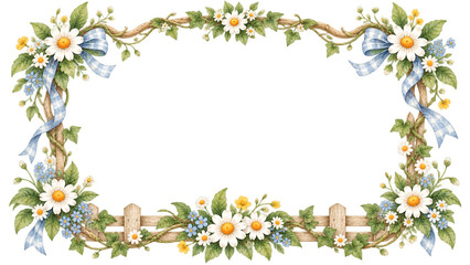 Fototapeta premium Rustic watercolor rectangular frame featuring a wooden picket fence wrapped with blooming white daisies and blue ribbons. Great for countryside and garden themes.