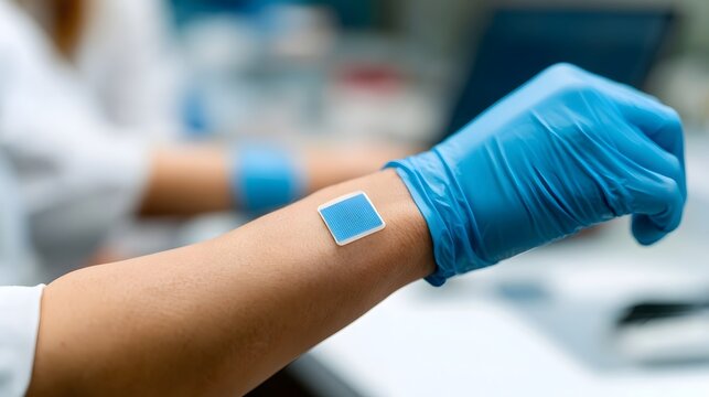 A person s arm with a blue medical patch applied  gloved hand nearby in a clinical setting