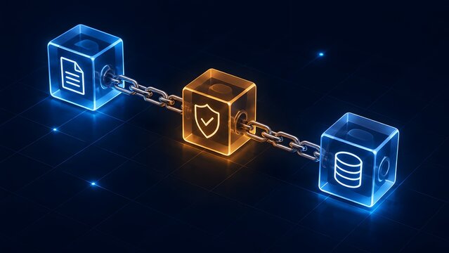 Glowing blue and orange glass blocks connected by metal chains displaying secure document workflow and encrypted database network infrastructure