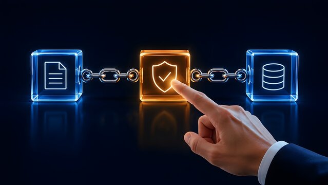 Businessman hand activating glowing digital security shield block in a blockchain connected database and document management network