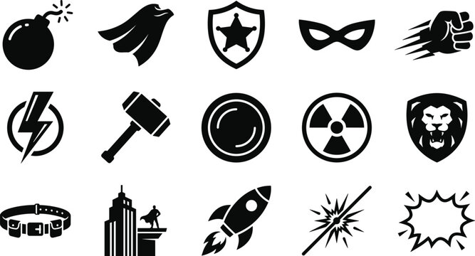 Premium Action and Power Icon Set with Bomb, Eagle, Shield, Mask, Speed Fist, Lightning, Hammer, Target, Radiation, Lion, Rocket, Explosion