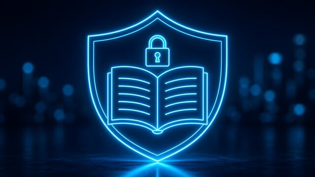 Glowing blue neon shield with open book and padlock icon symbolizing intellectual property protection and secure digital education platforms