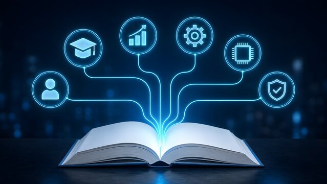 Glowing blue digital network emerging from open book connecting to education analytics and cybersecurity icons representing smart e-learning platform