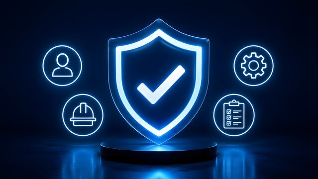 Glowing blue neon security shield with checkmark and industrial worker icons displaying workplace safety compliance and health regulations