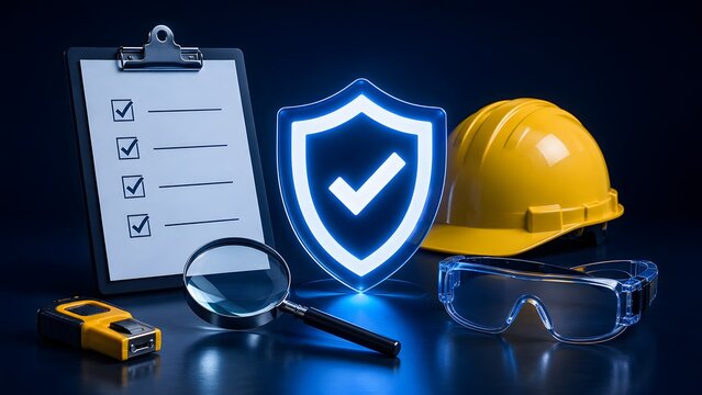Industrial safety inspection concept featuring physical hardhat goggles and clipboard surrounding glowing digital compliance shield
