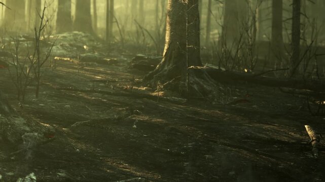 A forest with tall trees and dense undergrowth is shown in the early morning. Sunlight shines through the branches, creating shadows on the ground and revealing fallen logs.