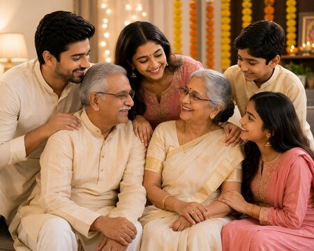 Happy multi generational indian family celebrating traditional festival at home
