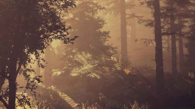 The scene shows sunlight coming through the trees in a forest. The light creates patterns on the ground. It is early morning and the air looks fresh.