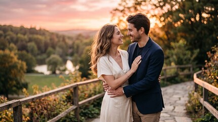 Fototapeta premium Romantic Couple Embracing and Looking at Each Other Outdoors at Sunset Hill View