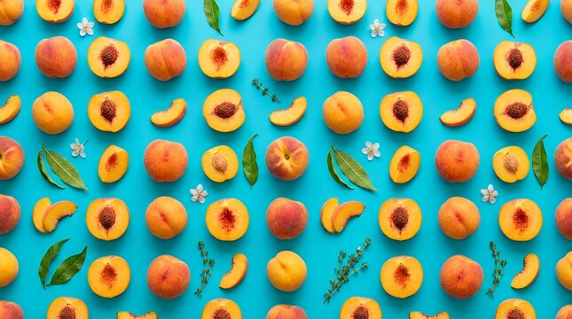Vibrant Summer Fruit Pattern Top Down Flat Lay View of Ripe Peaches on Bright Blue Surface Repetition Food Design peaches pattern fruit fresh ripe summer blue background top view flat lay repetition