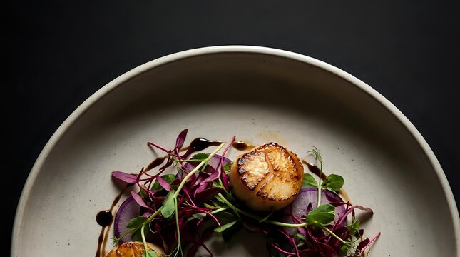 Gourmet plated dish featuring seared scallop with purple microgreens