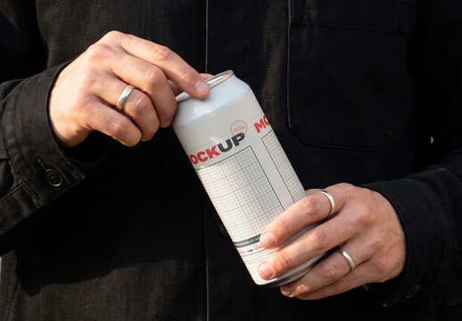 Hands Holding Beverage Long Can Branding Design Mockup